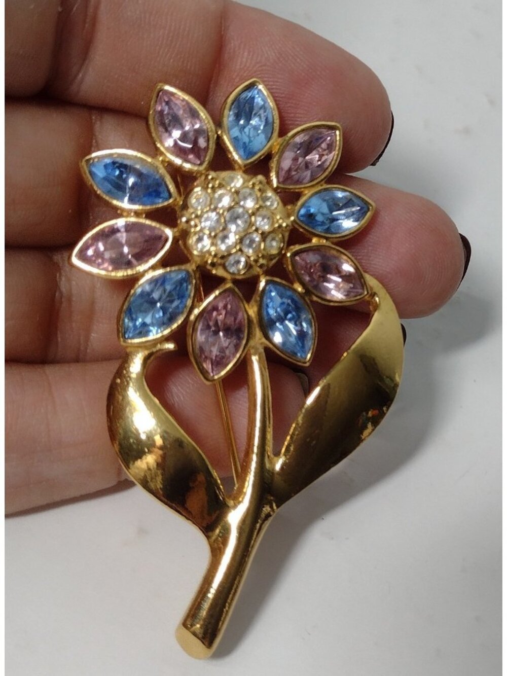 Avon Flower Stem Brooch 2.5" Vintage Blue Pink Rhinestones Gold Tone
